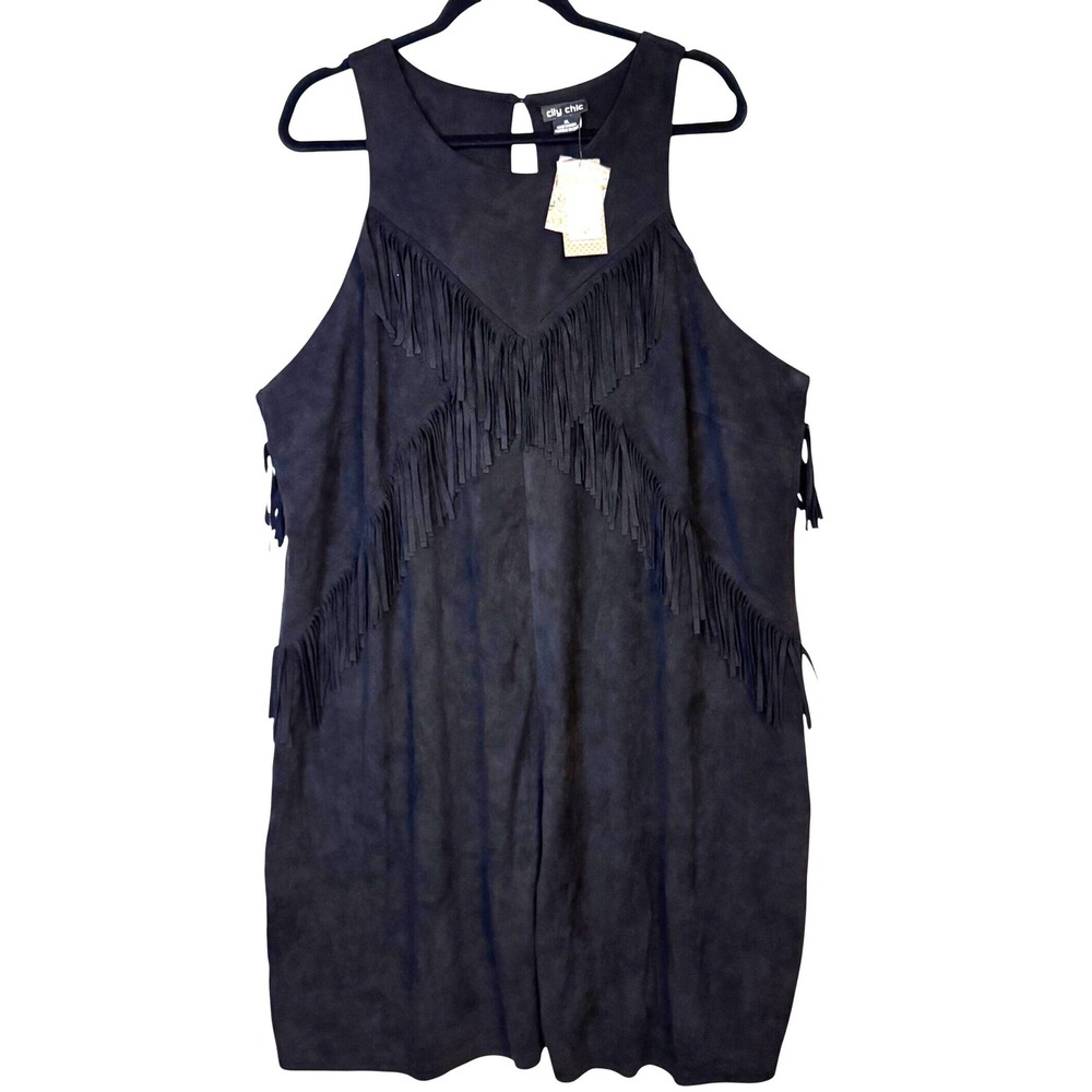 City Chic Tribal Dance Dress XL Black Faux Suede Fringe Western Boho